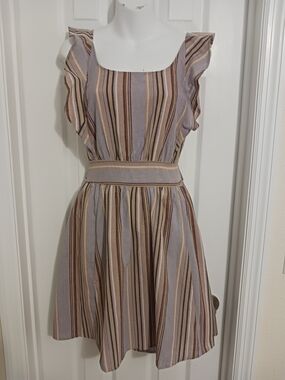 Hem & Thread Striped Ruffle-Sleeve Mini Dress in Taupe and Lavender Sm